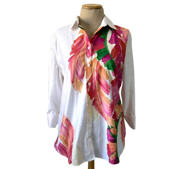 Chicos Womens Sz 6 Button Down Shirt White Floral Leaf Print Cotton Blend - Picture 1 of 11